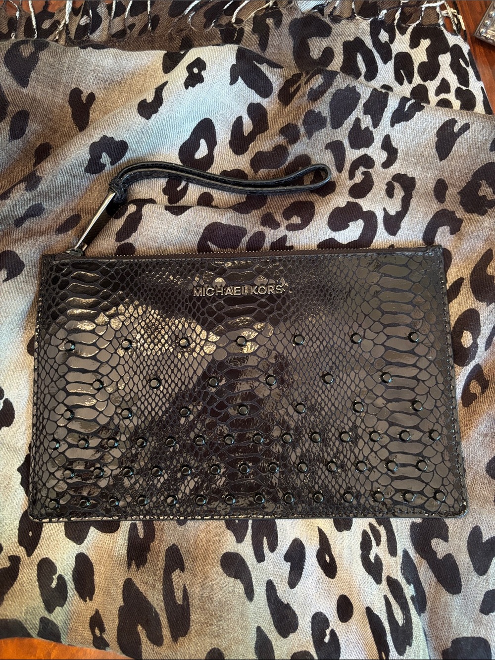 MICHAEL KORS Black Embossed Snake-Effect Stud Wristlet